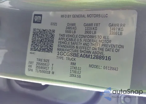 2021 Chevrolet Colorado 2Wd Short Box Wt z USA, uszkodzony, nr VIN 1GCGSBEA0M1288916